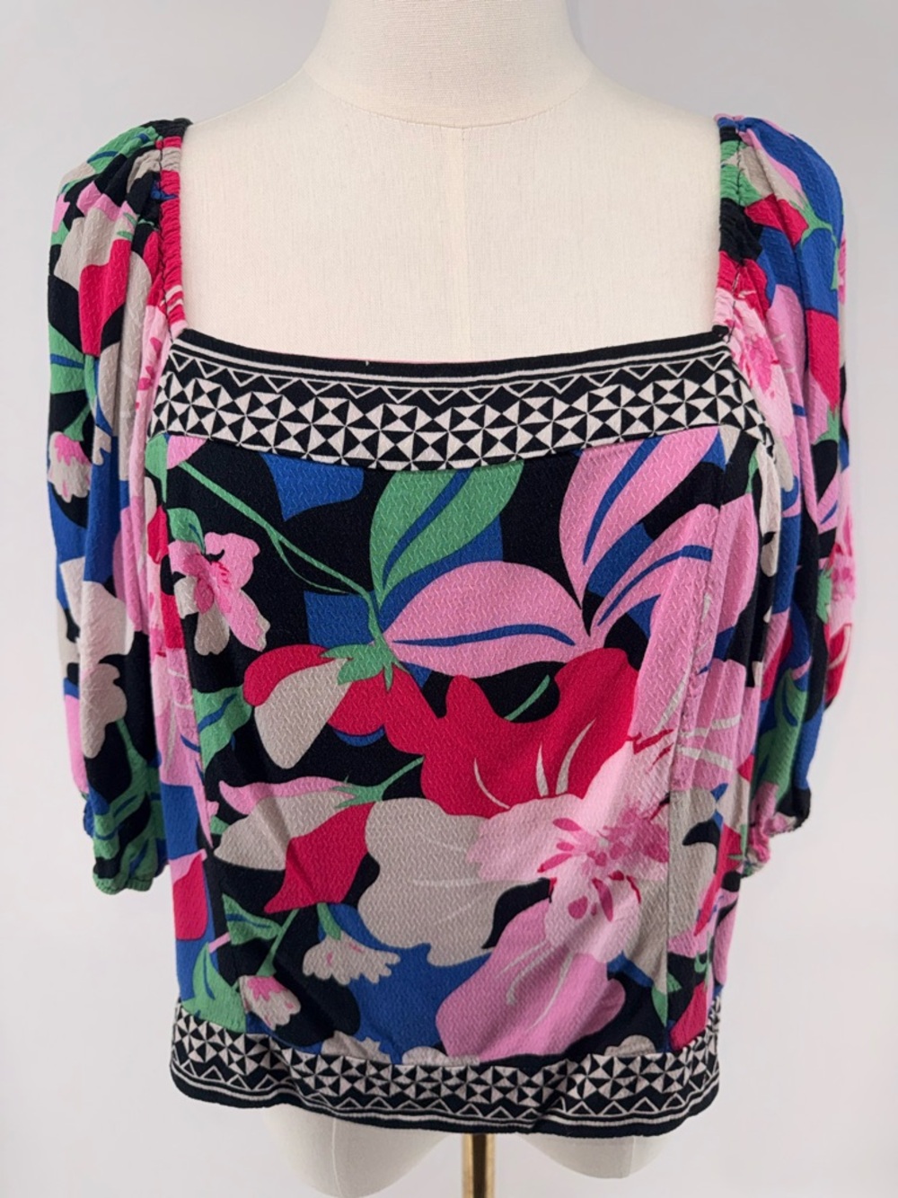Nine West Puff Sleeve Smocked Floral Square Neck Top Size Large Boho Cottagecore